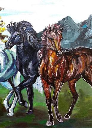 Картина олією "трійка коней"2 фото