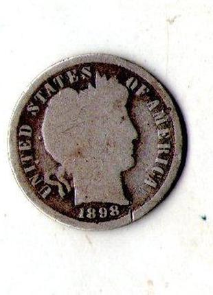 Сша 1 дайм, 1898 barber dime серебро 0.900, 2.5g, ø 17.91mm №279