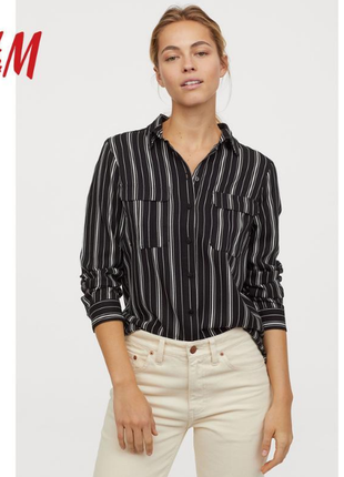 Чорна сорочка в смужку з накладними кишенями, віскоза р. 34/xs, від h&m