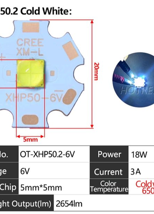 Яркие светодиоды xhp50.2 на 6в мощностью 18 вт/ 6500к/ 20мм