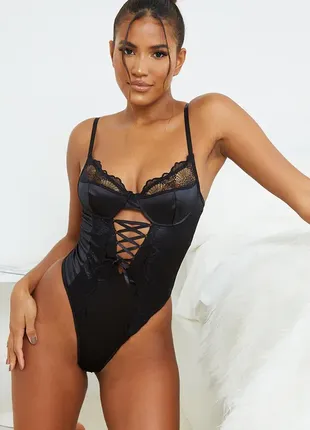 Шикарный сатиновый боди plt black lace up lace and satin body - xs-s1 фото