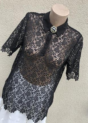 Чорна мереживна блузка,сорочка,гіпюр,yessica.6 фото