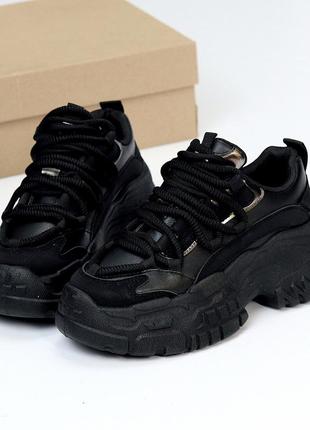 Черные миксовые кроссовки сникерсы на платформе крутая шнуровка2 фото