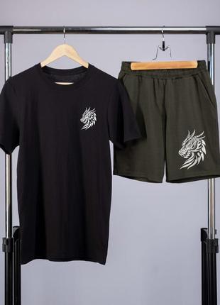 Комплект літній чоловічий з драконом футболка чорна шорти хакі