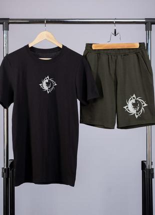 Комплект літній чоловічий з пітбулем  футболка хакі шорти чорні8 фото