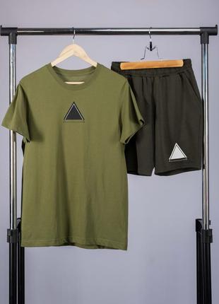 Комплект літній чоловічий з трикутником футболка хакі шорти хакі