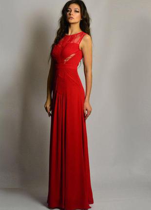 Красивейшее красное вечернее выпускное платье в пол с кружевными вставками