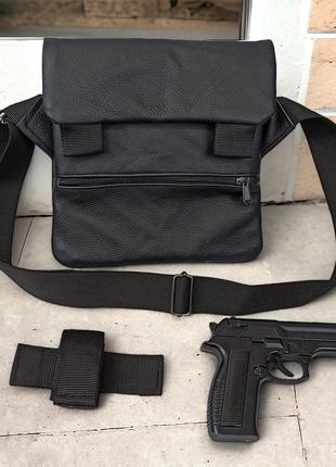 Тактическая кожаная сумка с кобурой, мужской мессенджер, борсетка - черный слинг, мужская сумка через плечо