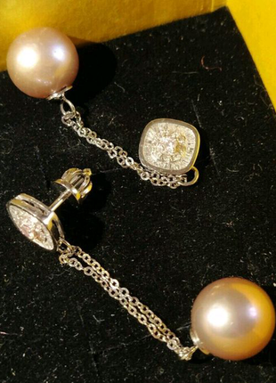 Діамантові сережки 0.60 карат з перловими підвісками8 фото