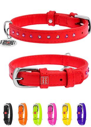 Ошейник для собак кожаный waudog glamour с qr паспортом, с клеевыми стразами, ш 12 мм, дл 21-29 см красный