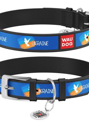 Ошейник для собак кожаный waudog design с qr паспортом, рисунок "флаг", l, ш 25 мм, дл 38-49 см черный