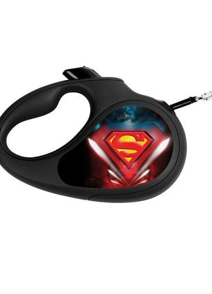 Поводок-рулетка для собак waudog r-leash, рисунок "супермен лого", s, до 15 кг, 5 м, светоотражающая лента черный