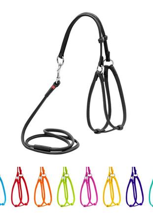 Шлея с поводком для собак кожаная waudog glamour c qr паспортом, круглая, д 6 мм, а 42-60 см, в 46-64 см черный