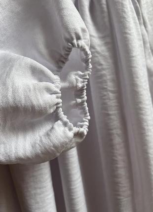 Платье белое праздничное буфы резинки пышные рукава корсетная жатка лен льняное летнее платье с разрезом3 фото