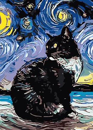 Картина за номерами strateg преміум чорний кіт у стилі ван гога з лаком та з рівнем розміром 30х40 см (ss1009)