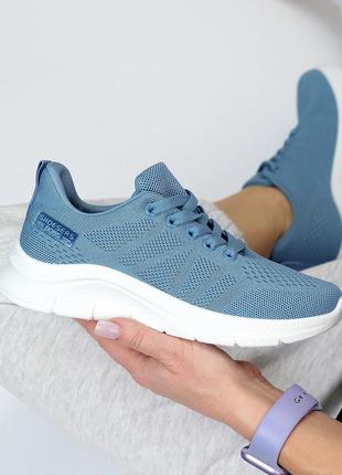 Літні еластичні текстильні дихаючі сині кросівки на шнурівці