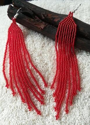 Червоні сережки, довгі сережки-кисті, бісерні сережки