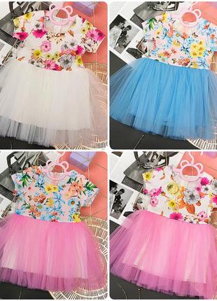 Красивое цветочное платье с фатином, платье с цветами с пышной фатиновой юбкой, нарядное льняное платье с цветками