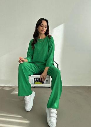 🌈4! шикарний жіночий брючний костюм зелений жатка креп женский