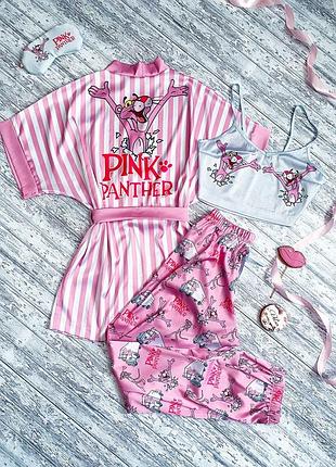 Шелковая пижама с халатом с принтом "pink panter"