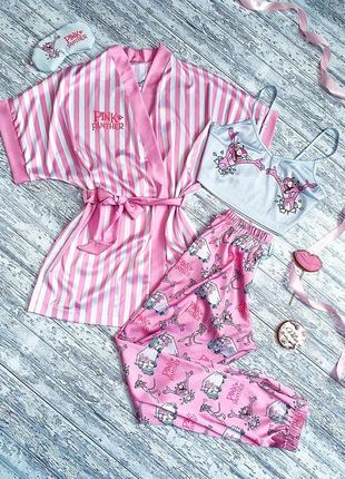 Шелковая пижама с халатом с принтом "pink panter"3 фото