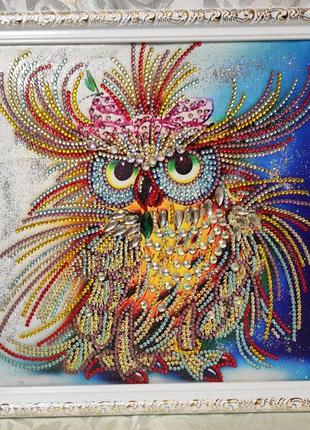 Готова оригінальна картина алмазна новорічна мозаїка сова
