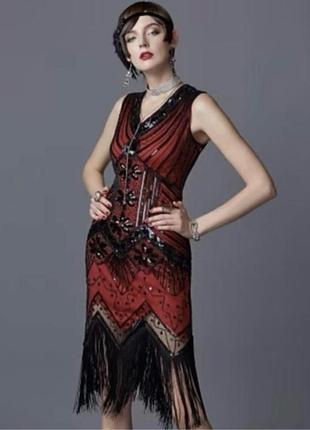 Червоне з чорним плаття сукня з бахромою паєтками в стилі гетсб