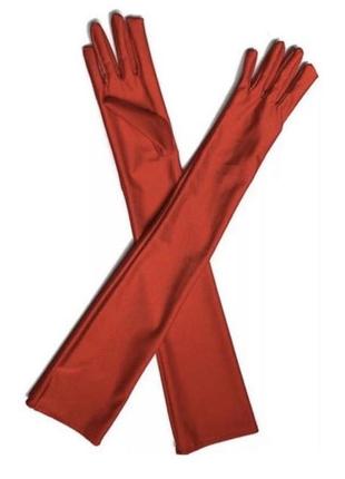 Довгі червоні рукавички атласні,атлас2 фото