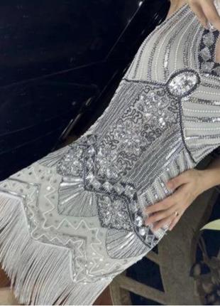 Сіра з білим сукня  плаття з бахромою паєтками  в стилі гетсбі, о2 фото