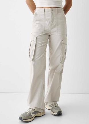 Бежеві карго бавовна широкі штани брюки беж трендові штани спортивні коттон прямі штани брюки карго3 фото