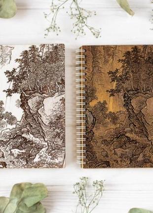 Деревянный  подарочный блокнот на спирали "японская живопись".оригинальная записная книжка