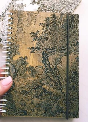 Дерев'яний подарунковий блокнот на спіралі "японський живопис".оригінальна записна книжка7 фото