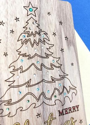 Дерев'яна оригінальна листівка з новим роком та різдвом з кристалами сваровскі3 фото