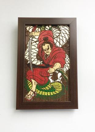 "самурай и змей" мини картина в авторской технике на дереве5 фото