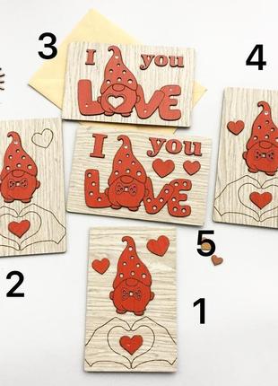 3д деревянная  открытка -валентинка- гном -love3 фото