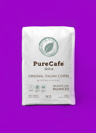 Кава purecafe dolce, зерно, 80% арабіки/20% робусти, італія, 1кг