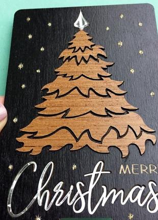 3д деревянная черная новогодняя открытка с рождественской елкой3 фото