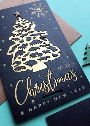 3д деревянная черная новогодняя открытка с рождественской елкой6 фото