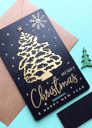 3д деревянная черная новогодняя открытка с рождественской елкой7 фото
