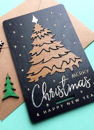 3д деревянная черная новогодняя открытка с рождественской елкой4 фото