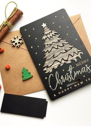 3д дерев'яна чорна дерев'яна новорічна листівка з різдвяною ялинкою2 фото