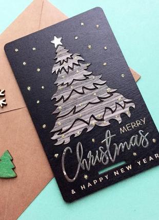 3д дерев'яна чорна дерев'яна новорічна листівка з різдвяною ялинкою4 фото