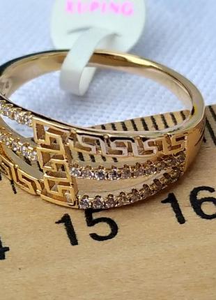Позолоченное кольцо р.18 - зигзаг с цирконами, позолота 18 карат 585 пробы, xuping4 фото