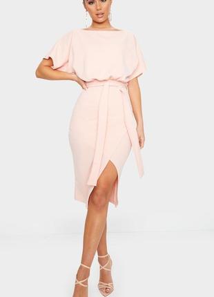 Світло рожева сукня плаття міді кімоно з коротким рукавом з поясом plt