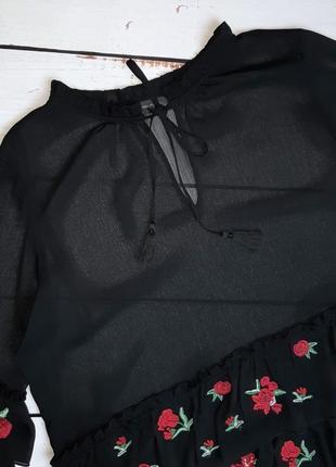 Шикарная черная шифоновая блузка с вышитыми розами hallhuber, размер 46 - 484 фото