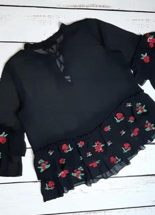 Шикарная черная шифоновая блузка с вышитыми розами hallhuber, размер 46 - 482 фото