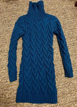 Очень теплое вязаное платье ручной работы под горло с косами xs s m натуральная шерсть2 фото