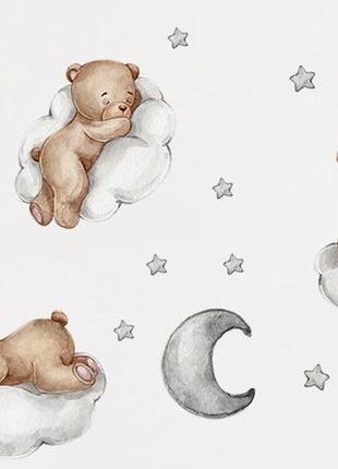 Интерьерная виниловая наклейка для детской комнаты  90х30 cm, 3 медвежонка, луна и облака со звездами4 фото