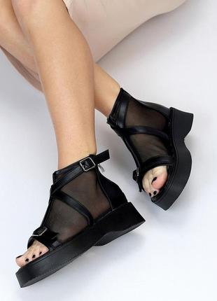 Жіночі босоніжки чорні сандалі літні чорного кольору сітка 36 37 38 39 40 416 фото