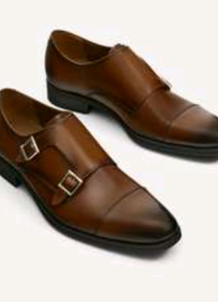 Туфли zara man кожа мужские 40 р коричневые с двумя пряжками